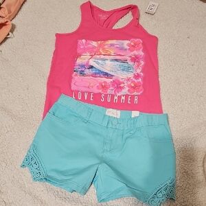Children's Place Soft Pink/multi Color Summer Tank with added Turquoise Shorts